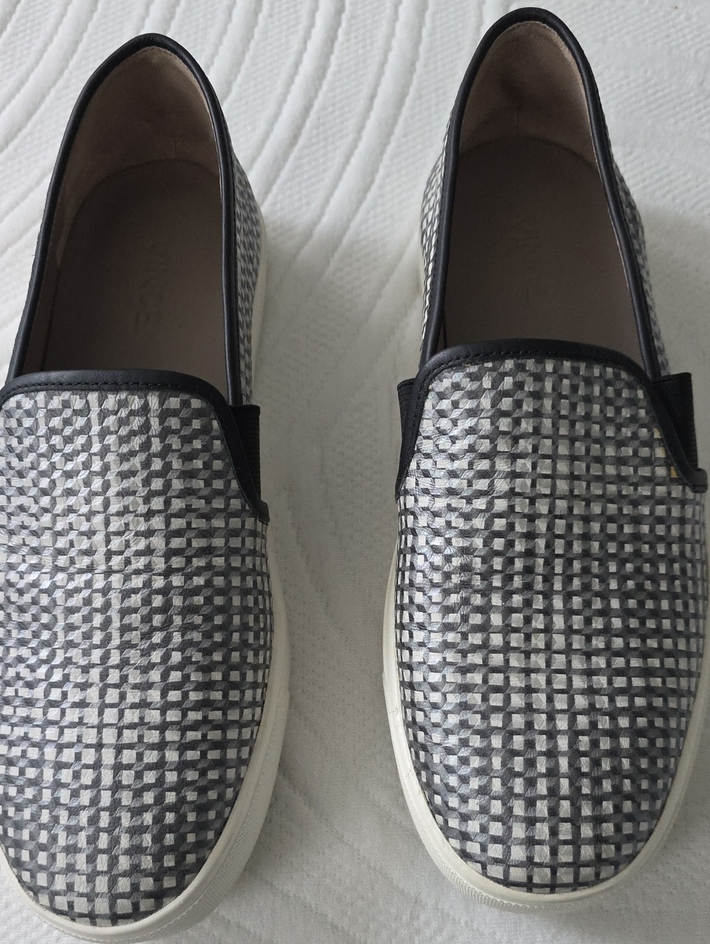 Vince Women's "Blair" Black and White Woven Pattern Slip-On Loafers